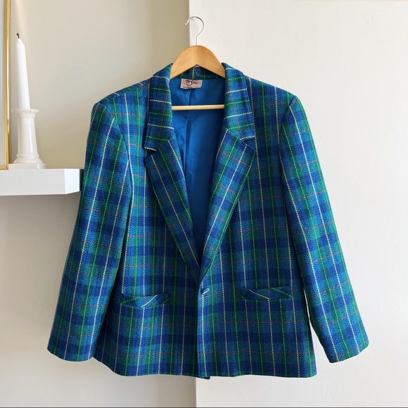 Vintage Jackets & Blazers - retro plaid blue oversized blazer